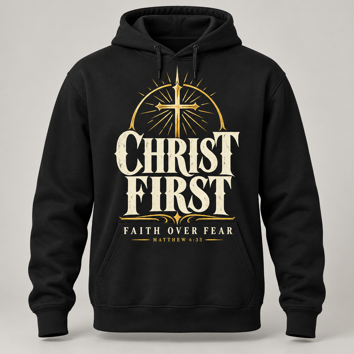 Digital mockup of Christ First Faith Over Fear black hoodie with ivory and gold-tone front graphic